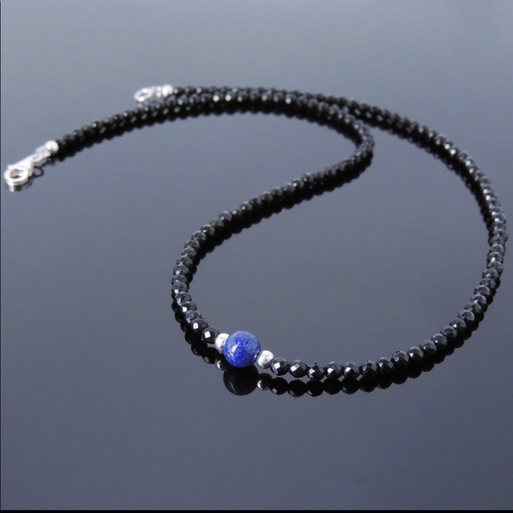 Lapis Lazuli & Black Spinel Beaded Choker Necklace in sterling Silver - Picture 3 of 3